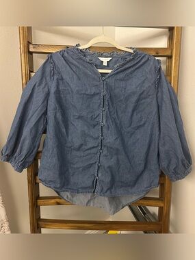 LC Lauren Conrad Chambray Blue Ruffle-Trim Blouse